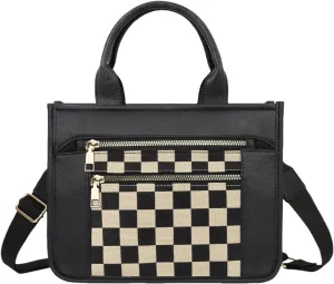 WJCD Women's Tote Handbags Stylish Vegan Leather Handheld Purse for Women Plaid Striped Adjustable Strap Durable Lightweight