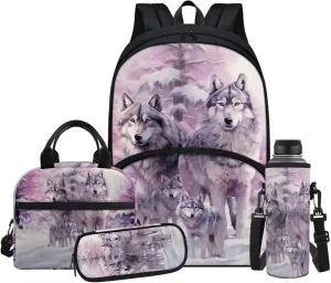 Wolf Bookbags for 6th Grade Boys Kids Backpack and Lunch Box Set Cool School Backpacks for Teens with Water Bottle Sleeve Casual Travel Daypack Elementary School Backpack for Boys
