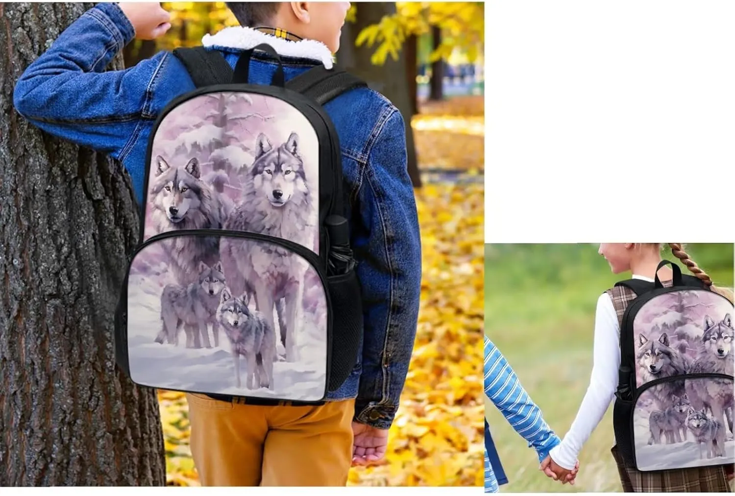 Wolf Bookbags for 6th Grade Boys Kids Backpack and Lunch Box Set Cool School Backpacks for Teens with Water Bottle Sleeve Casual Travel Daypack Elementary School Backpack for Boys