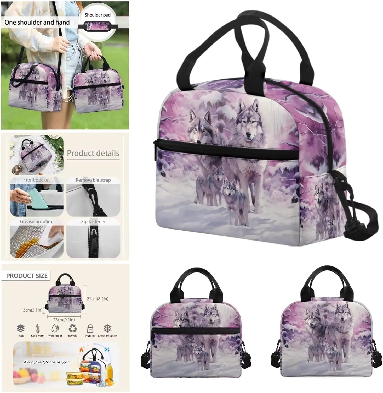 Wolf Bookbags for 6th Grade Boys Kids Backpack and Lunch Box Set Cool School Backpacks for Teens with Water Bottle Sleeve Casual Travel Daypack Elementary School Backpack for Boys