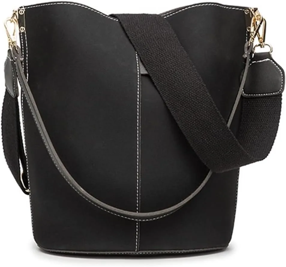 Women Bucket Bags Wide Strap Women Shoulder Bags Luxury Leather Crossbody Bag For Women(Black)