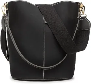 Women Bucket Bags Wide Strap Women Shoulder Bags Luxury Leather Crossbody Bag For Women(Black)