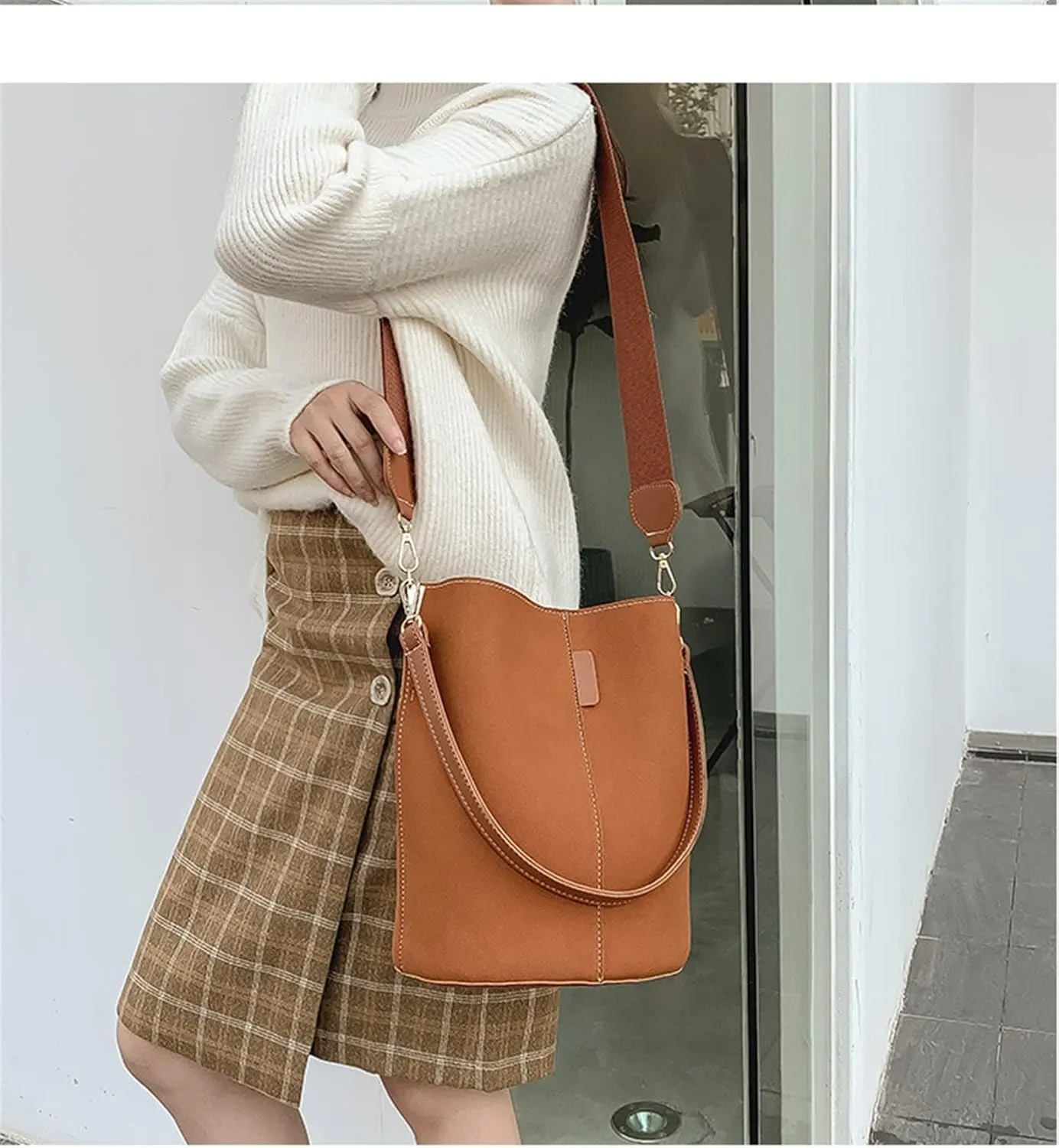 Women Bucket Bags Wide Strap Women Shoulder Bags Luxury Leather Crossbody Bag For Women(Black)