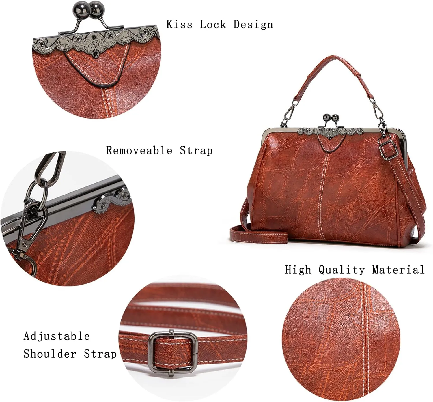 Women Kiss Lock Vintage Handbags for Women Oil Leather Evening Clutch Satchel Purse Tote