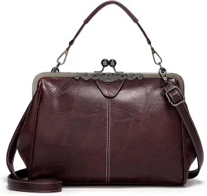 Women Kiss Lock Vintage Handbags for Women Oil Leather Evening Clutch Satchel Purse Tote