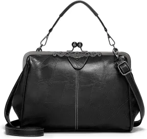 Women Kiss Lock Vintage Handbags for Women Oil Leather Evening Clutch Satchel Purse Tote