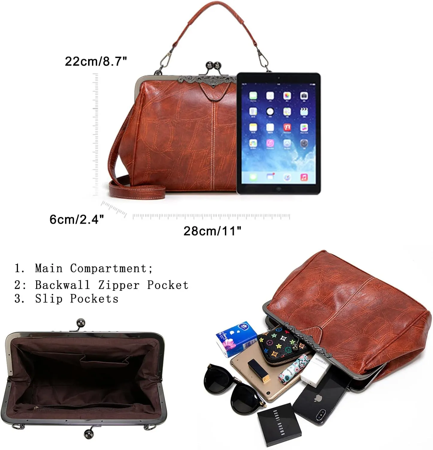 Women Kiss Lock Vintage Handbags for Women Oil Leather Evening Clutch Satchel Purse Tote