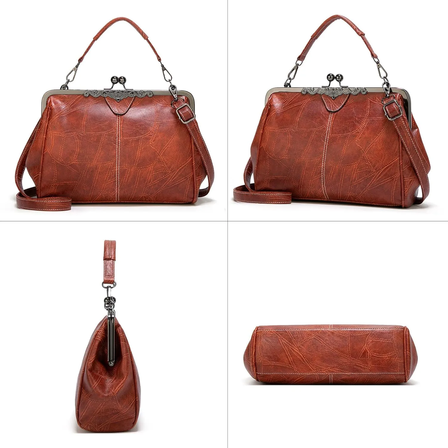 Women Kiss Lock Vintage Handbags for Women Oil Leather Evening Clutch Satchel Purse Tote