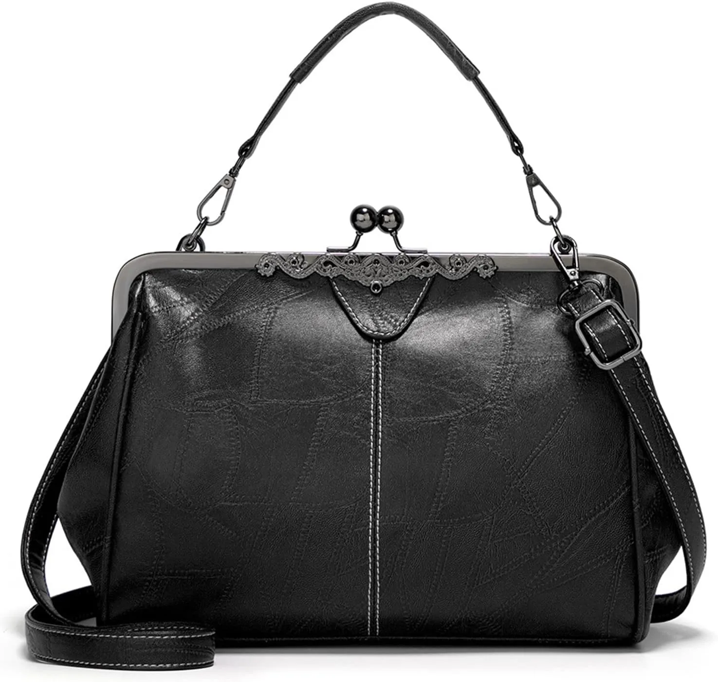 Women Kiss Lock Vintage Handbags for Women Oil Leather Evening Clutch Satchel Purse Tote
