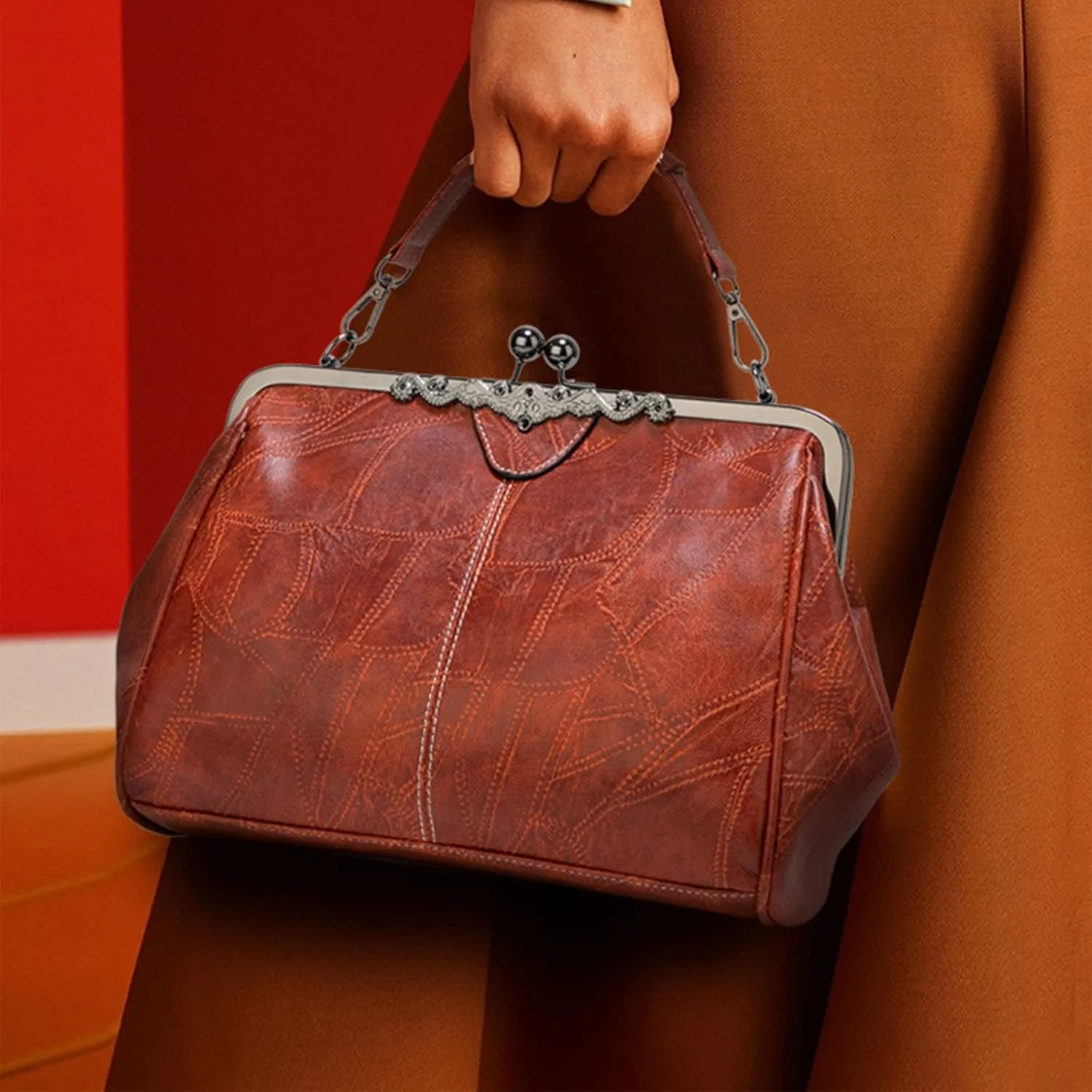 Women Kiss Lock Vintage Handbags for Women Oil Leather Evening Clutch Satchel Purse Tote