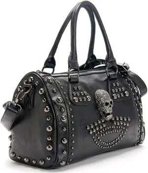 Women Punk Purse Top-handle Handbag PU Leather Satchel Tote Skull Rivet Shoulder Crossbody Bags Black (Rivet)