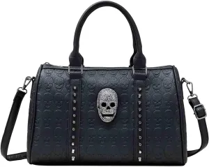 Women Punk Purse Top-handle Handbag PU Leather Satchel Tote Skull Rivet Shoulder Crossbody Bags Black (Rivet)