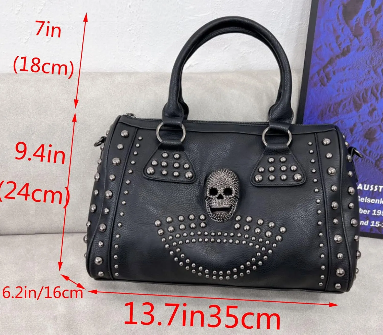 Women Punk Purse Top-handle Handbag PU Leather Satchel Tote Skull Rivet Shoulder Crossbody Bags Black (Rivet)