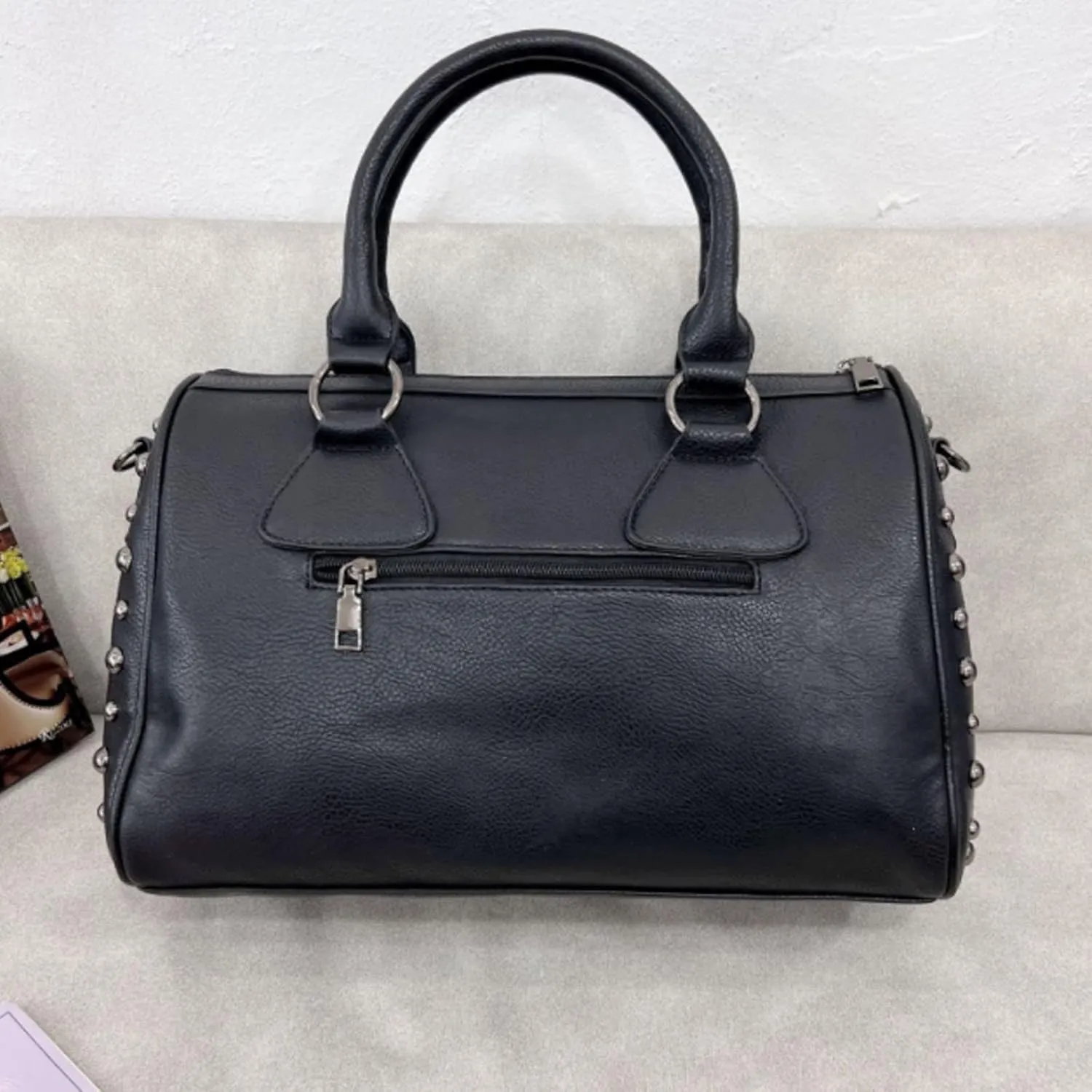 Women Punk Purse Top-handle Handbag PU Leather Satchel Tote Skull Rivet Shoulder Crossbody Bags Black (Rivet)