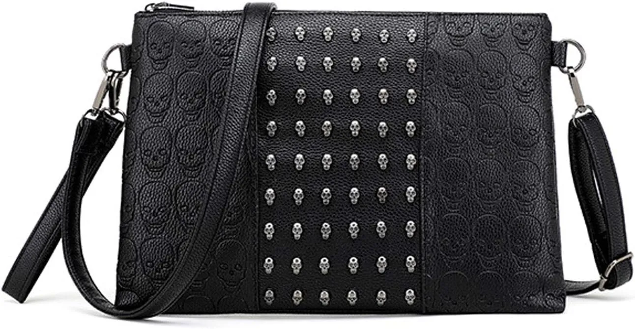 Women Punk Skull Print Clutch Satchel Shoulder Tote Handbag Purse Black