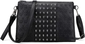 Women Punk Skull Print Clutch Satchel Shoulder Tote Handbag Purse Black