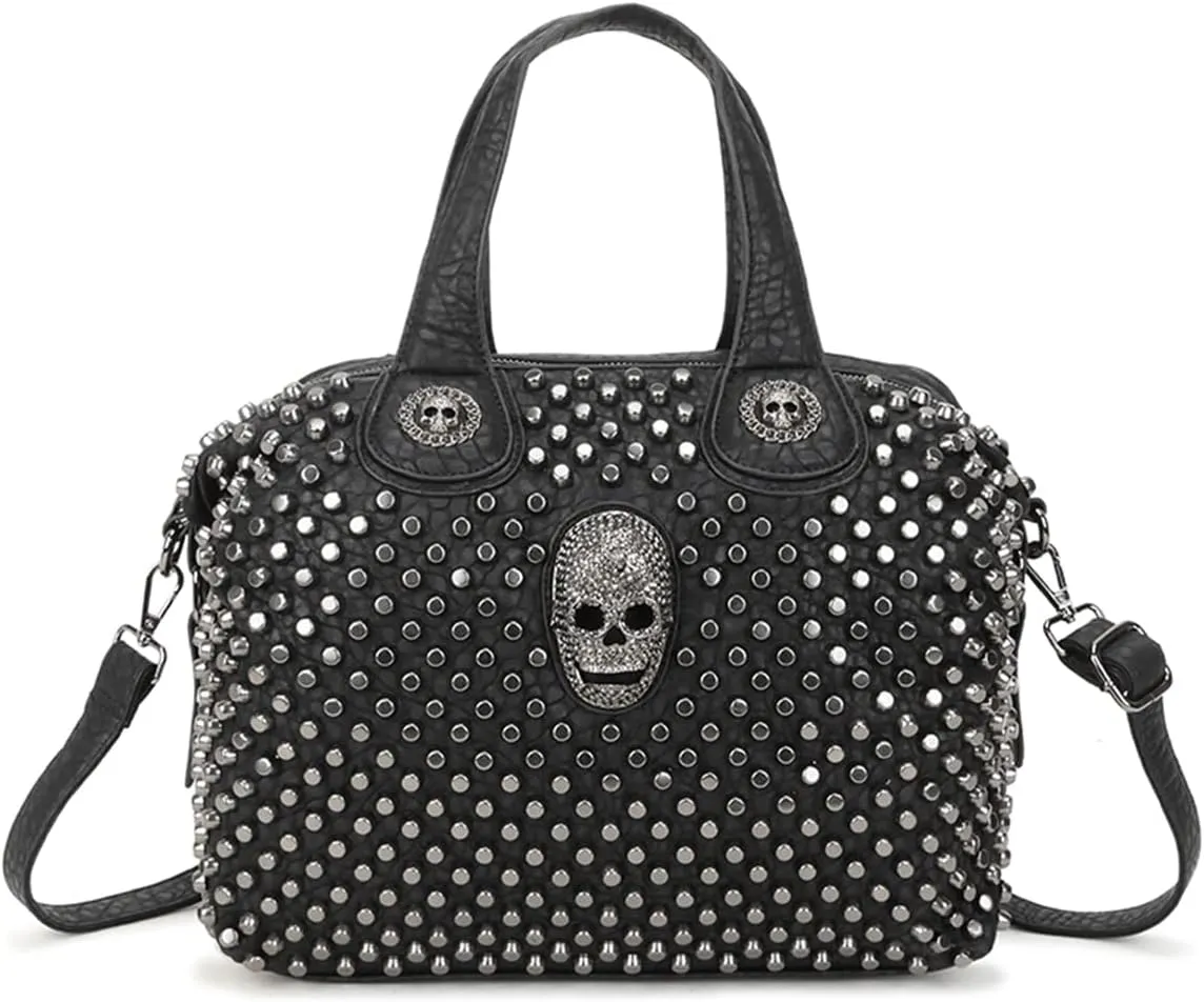 Women Satchel Bags Skull Top Handle Shoulder Rivet Handbags and Purses Pockets Zipper Leather Crossbody Bags Black