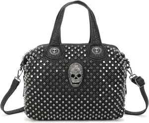 Women Satchel Bags Skull Top Handle Shoulder Rivet Handbags and Purses Pockets Zipper Leather Crossbody Bags Black