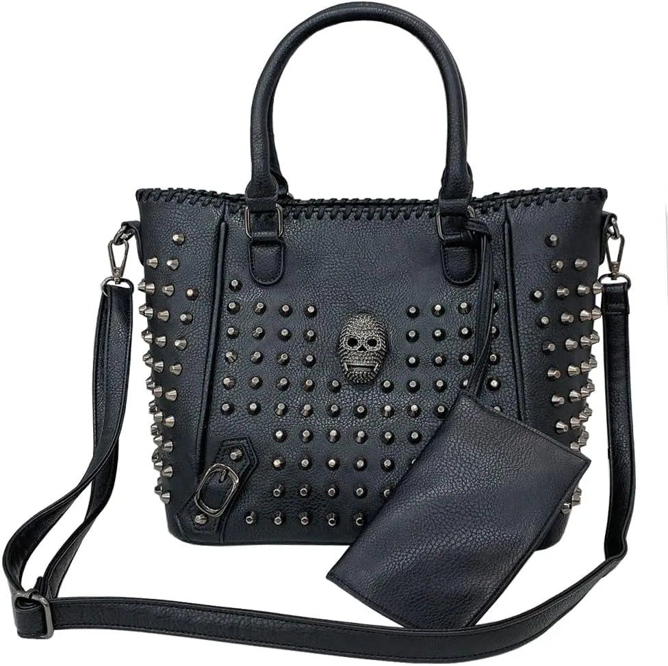Women Skull Rivet Shoulder Purse Vintage Black Leather Handbag Shopper Satchel with Clutch 2 PCS Set