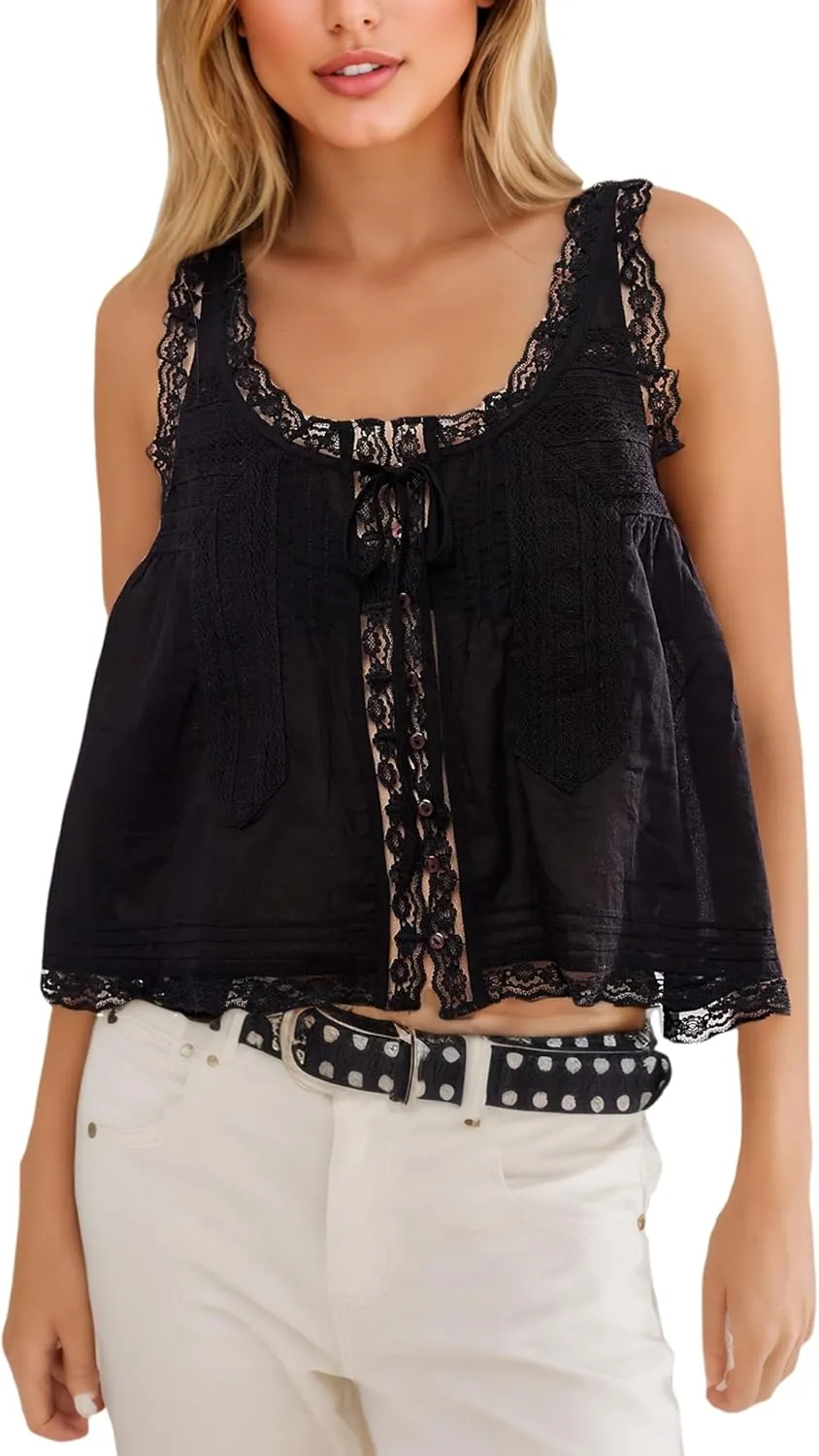 Women Summer Beach Vacation Boho Tie Front Tank Top Lace Y2k Button Down Cardigan Fashion Crop Tops Clothes 2025