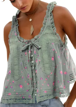 Women Summer Beach Vacation Boho Tie Front Tank Top Lace Y2k Button Down Cardigan Fashion Crop Tops Clothes 2025
