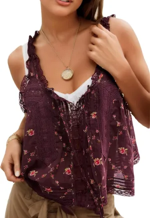 Women Summer Beach Vacation Boho Tie Front Tank Top Lace Y2k Button Down Cardigan Fashion Crop Tops Clothes 2025