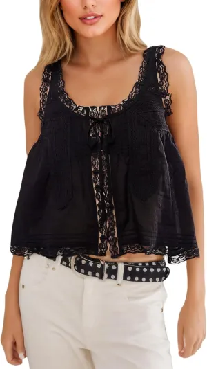 Women Summer Beach Vacation Boho Tie Front Tank Top Lace Y2k Button Down Cardigan Fashion Crop Tops Clothes 2025