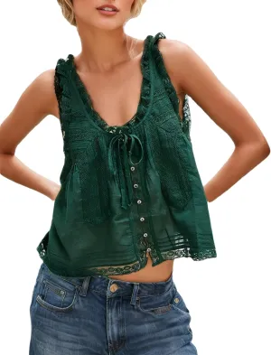 Women Summer Boho Lace Tie Front Tank Beach Vacation Top Button Down Sleeveless Cardigan Crop Y2k Tops Clothes 2025