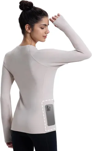 Women Thermal Long Sleeve Fleece Lined Shirts Running Workout Tops Cold Weather Gear Zipper Pockets