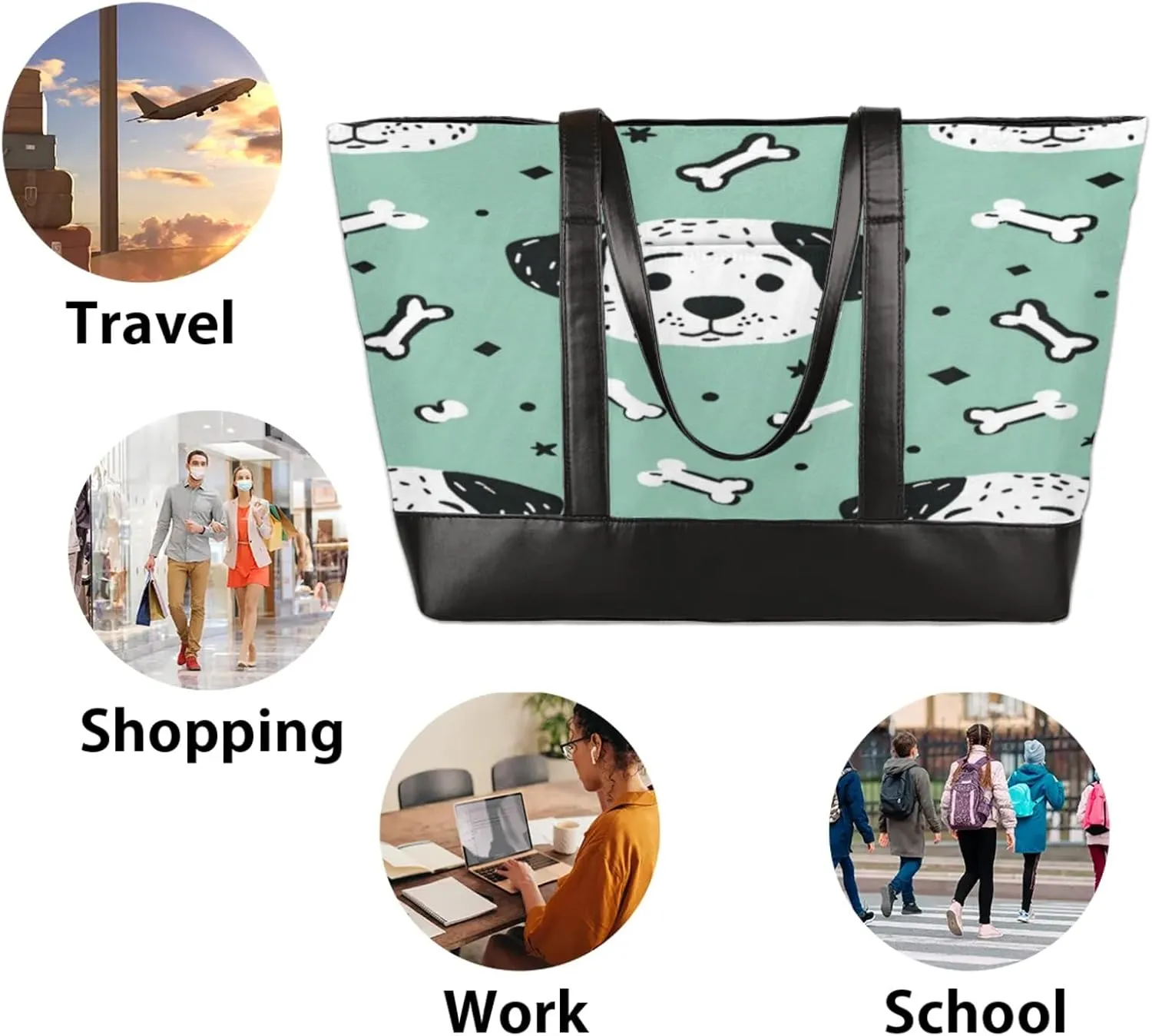 Women Tote Bag with Zipper, Shopper Handbag Travel Purse, PU Leather Laptop Tote Bags, Weekender Bags