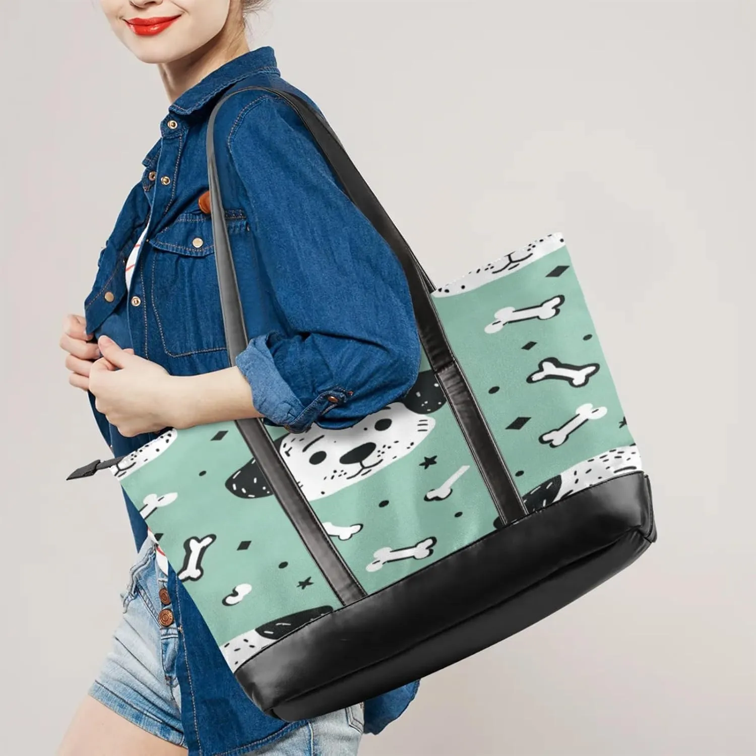 Women Tote Bag with Zipper, Shopper Handbag Travel Purse, PU Leather Laptop Tote Bags, Weekender Bags