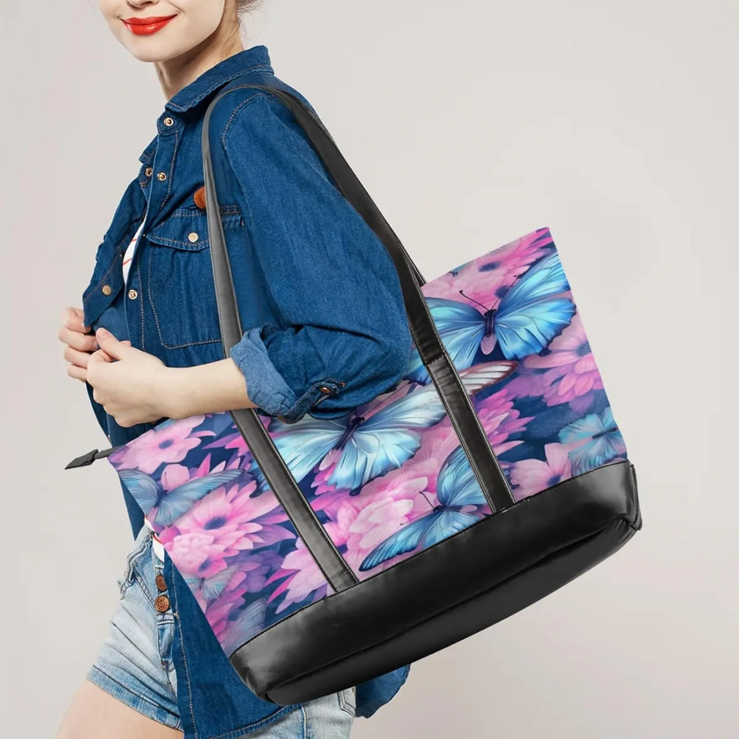 Women Tote Bag with Zipper, Shopper Handbag Travel Purse, PU Leather Laptop Tote Bags, Weekender Tote Bags