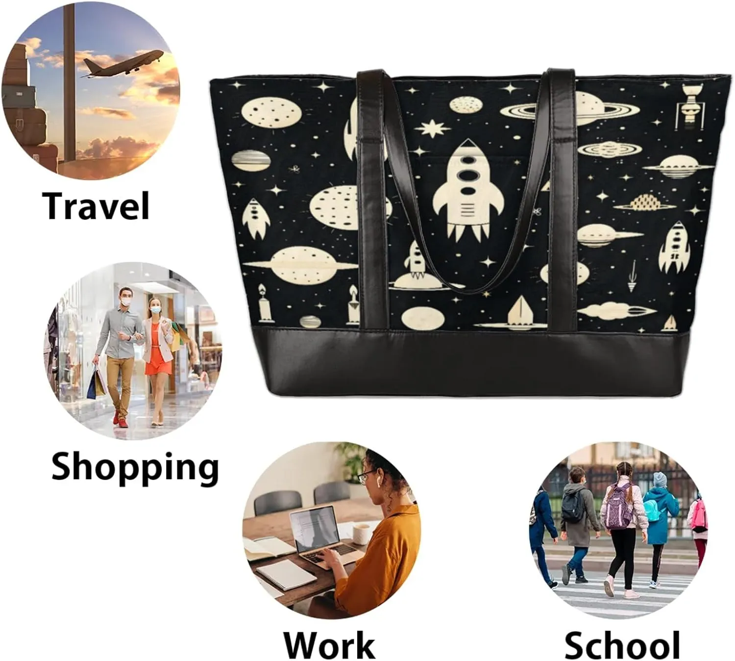 Women Tote Bag with Zipper, Shopper Handbag Travel Purse, PU Leather Laptop Tote Bags, Weekender Tote Bags