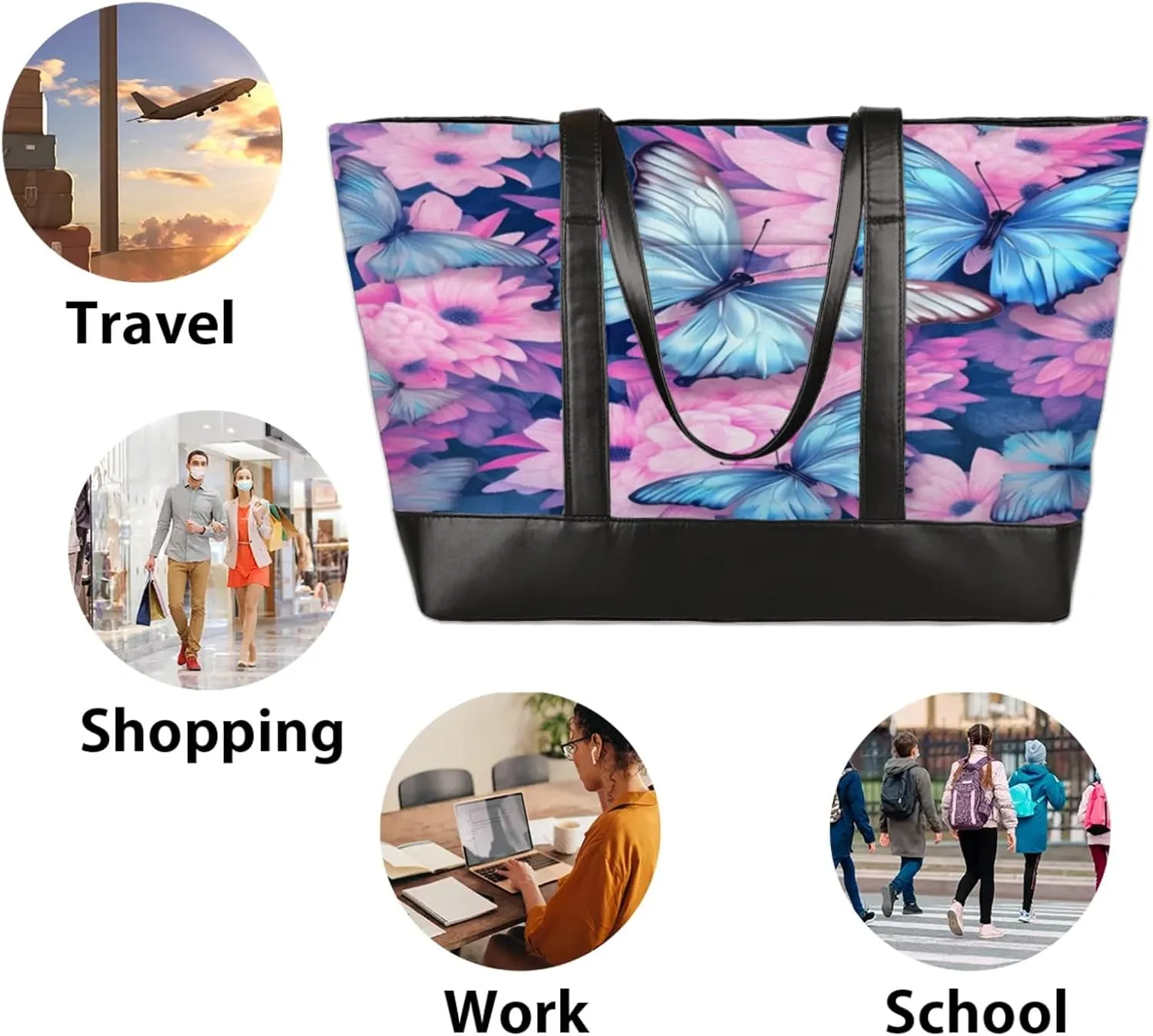 Women Tote Bag with Zipper, Shopper Handbag Travel Purse, PU Leather Laptop Tote Bags, Weekender Tote Bags