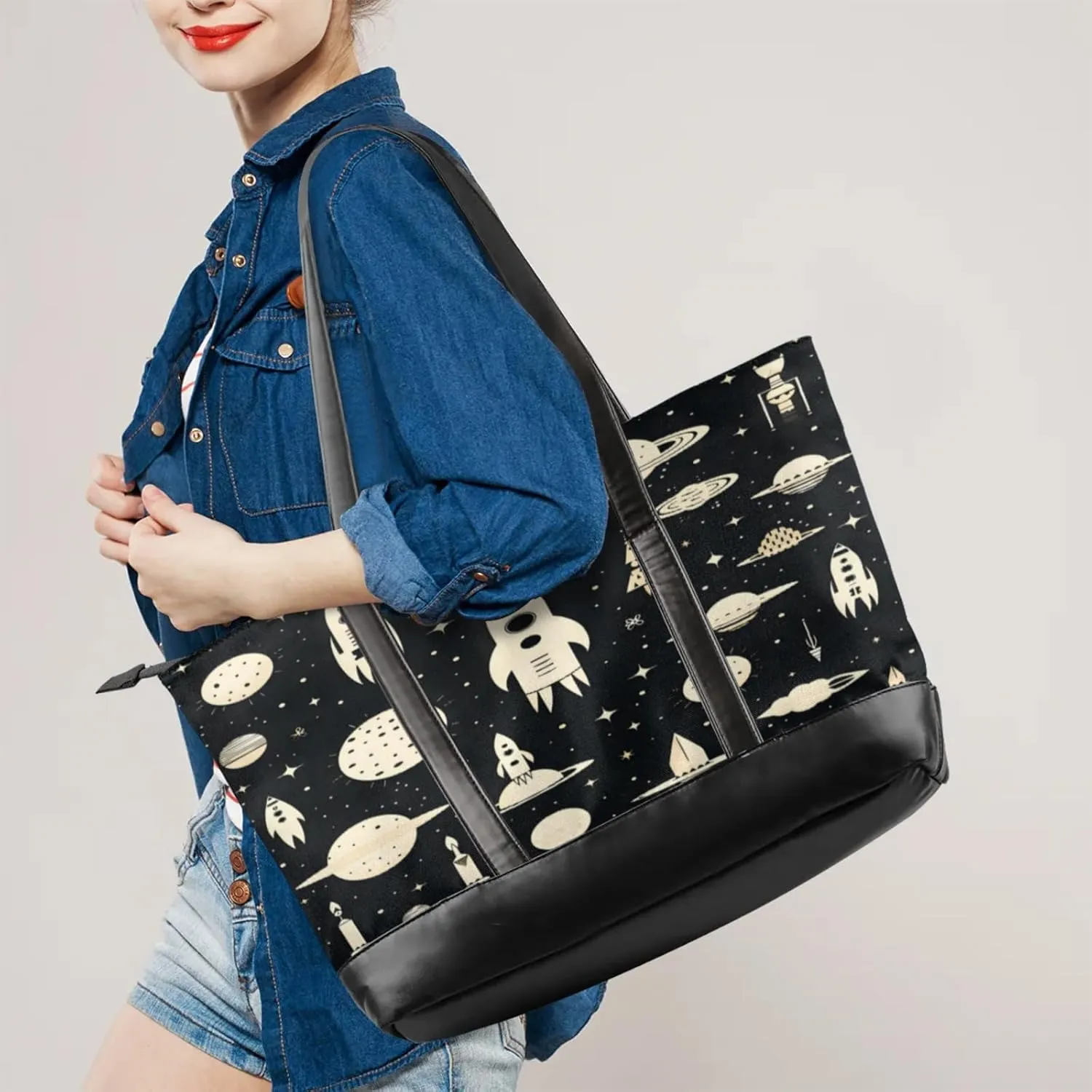 Women Tote Bag with Zipper, Shopper Handbag Travel Purse, PU Leather Laptop Tote Bags, Weekender Tote Bags