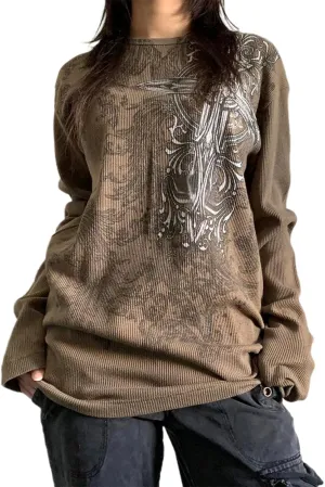 Women Vintage Fairy Grunge Y2K Long Sleeve Shirt Skull Graphic Printed Gothic Tee Tops Aesthetic Harajuku Tops