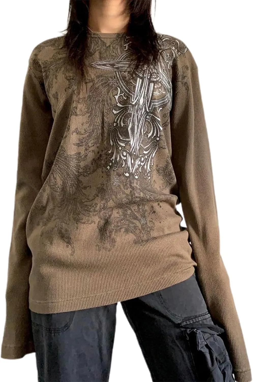 Women Vintage Fairy Grunge Y2K Long Sleeve Shirt Skull Graphic Printed Gothic Tee Tops Aesthetic Harajuku Tops