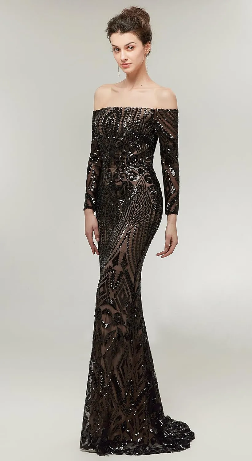 Women's Bateau Long Sleeves Sequins Mermaid Evening Dress
