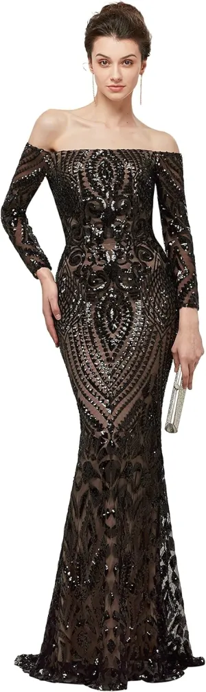 Women's Bateau Long Sleeves Sequins Mermaid Evening Dress