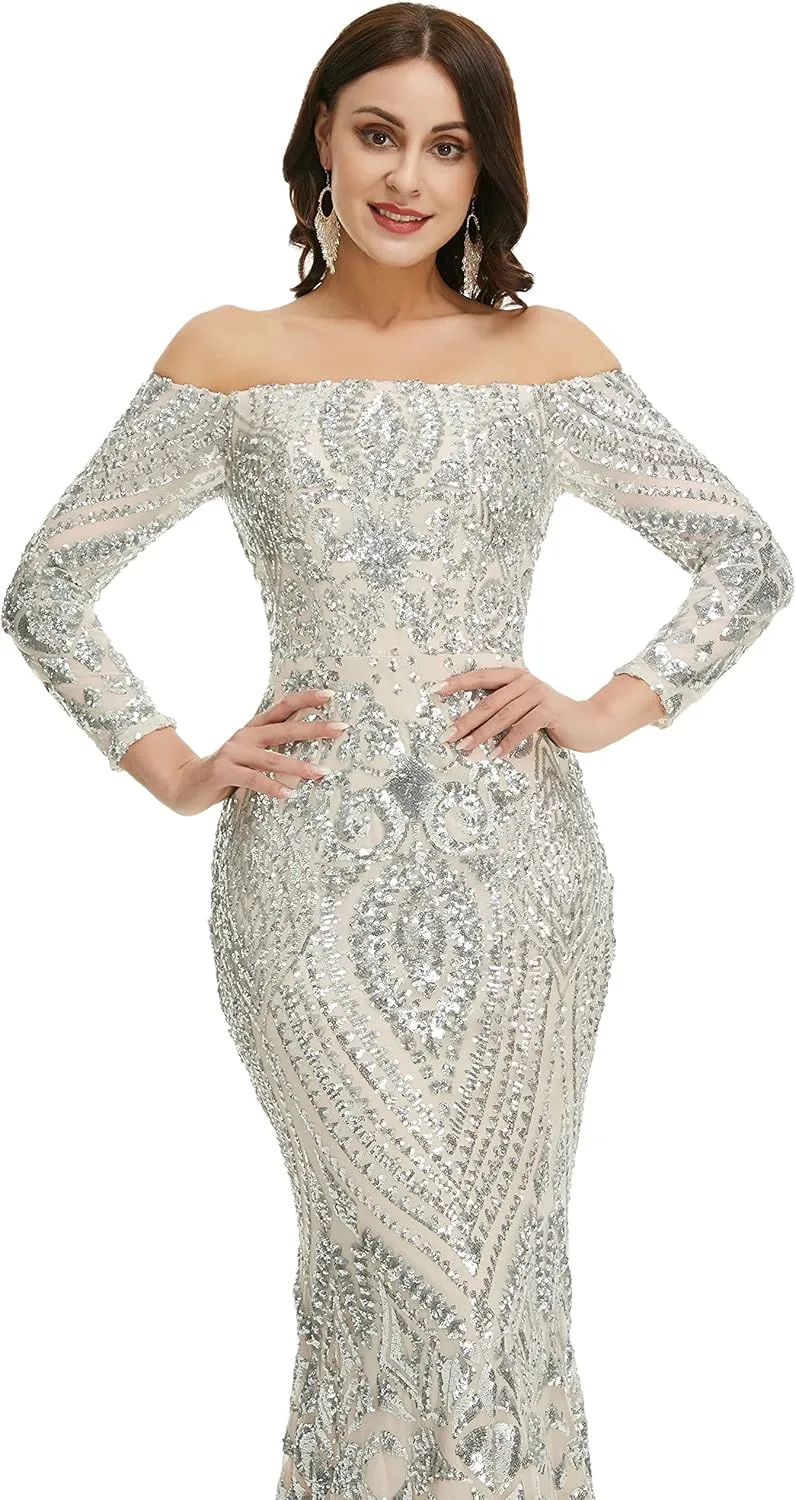 Women's Bateau Long Sleeves Sequins Mermaid Evening Dress