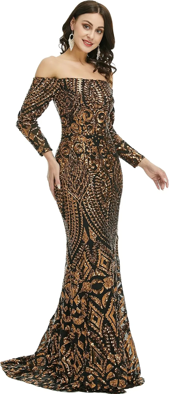 Women's Bateau Long Sleeves Sequins Mermaid Evening Dress