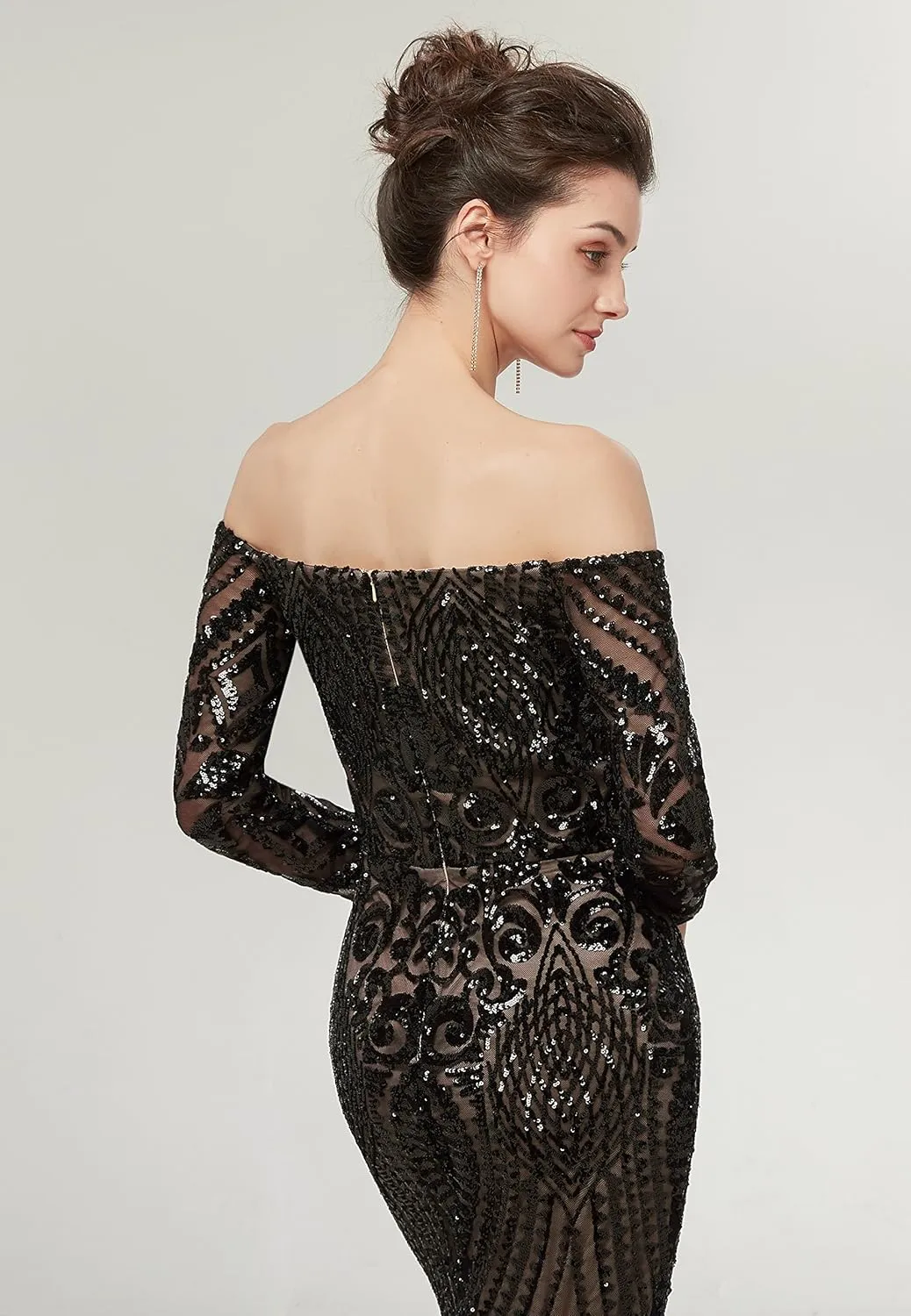 Women's Bateau Long Sleeves Sequins Mermaid Evening Dress