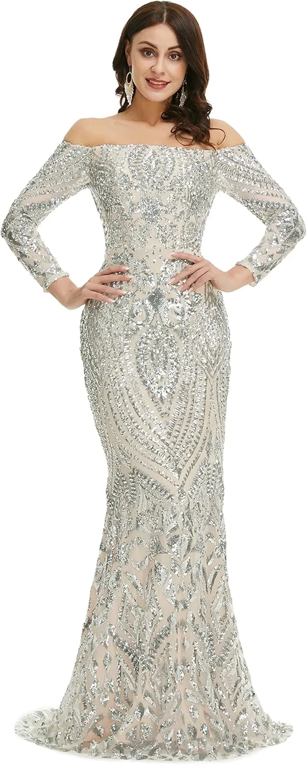 Women's Bateau Long Sleeves Sequins Mermaid Evening Dress