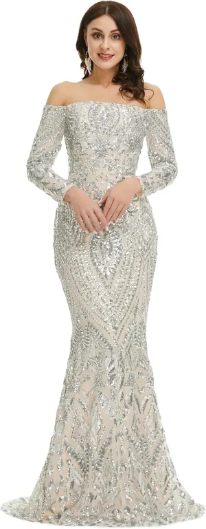Women's Bateau Long Sleeves Sequins Mermaid Evening Dress