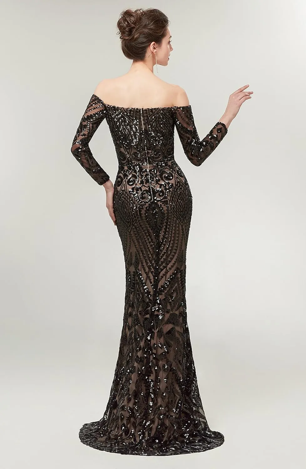 Women's Bateau Long Sleeves Sequins Mermaid Evening Dress