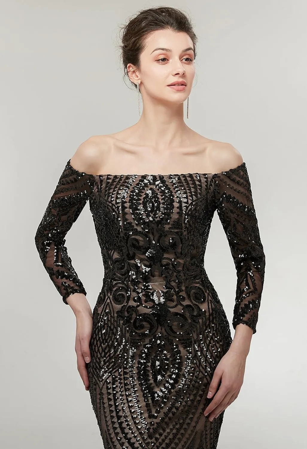 Women's Bateau Long Sleeves Sequins Mermaid Evening Dress