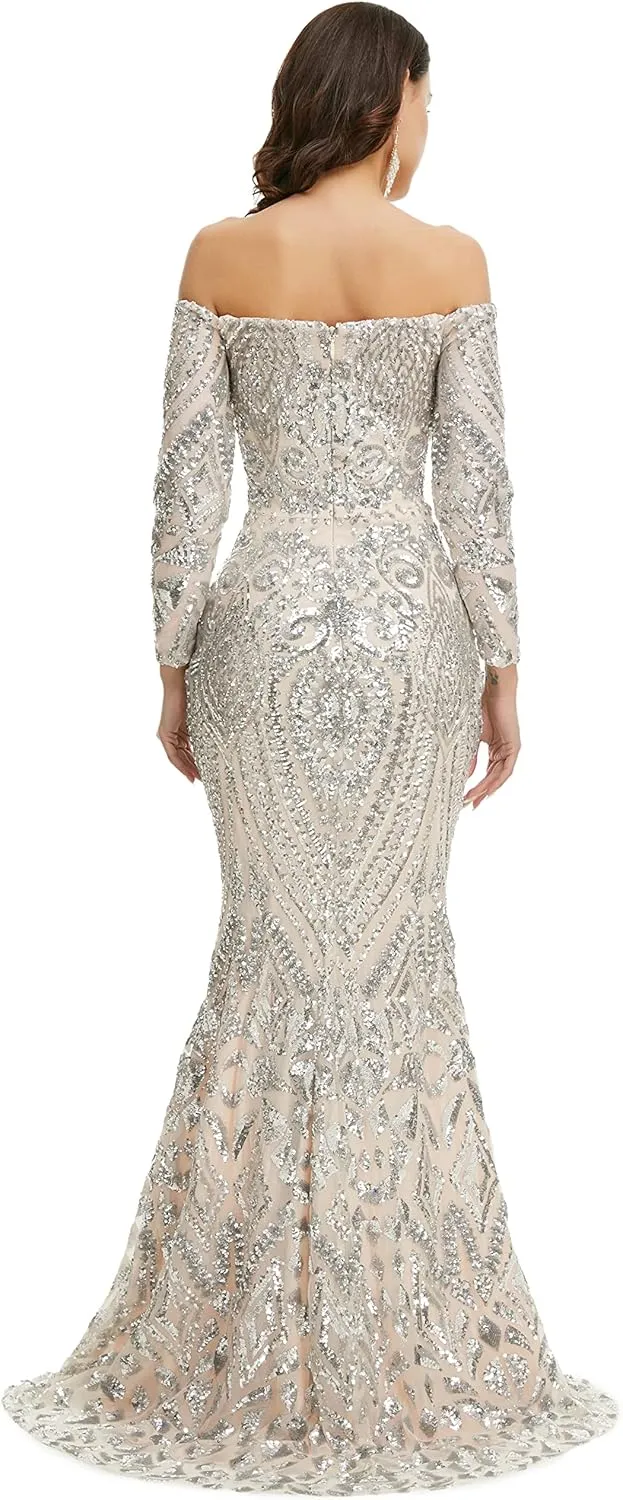 Women's Bateau Long Sleeves Sequins Mermaid Evening Dress