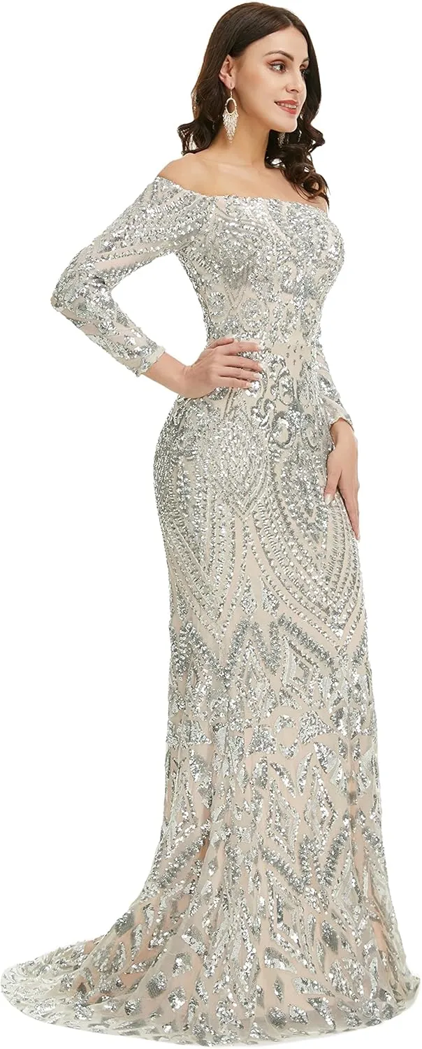Women's Bateau Long Sleeves Sequins Mermaid Evening Dress