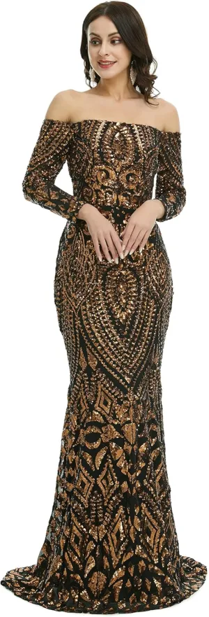 Women's Bateau Long Sleeves Sequins Mermaid Evening Dress