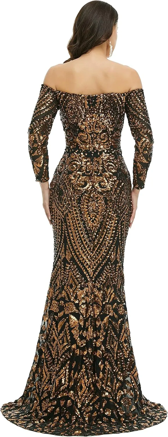 Women's Bateau Long Sleeves Sequins Mermaid Evening Dress